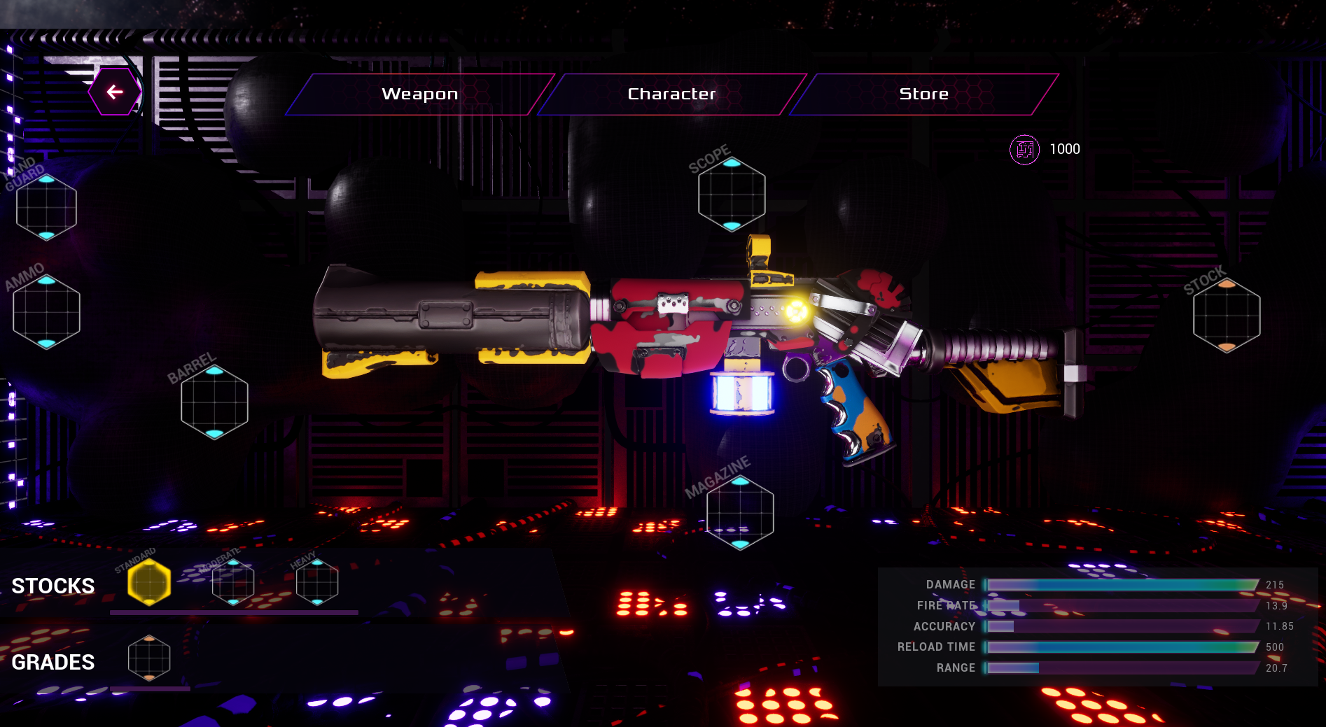 LABYRAINTH combat gameplay: an upgradeable weapon on the loadout bench in a neon-lit alien bay